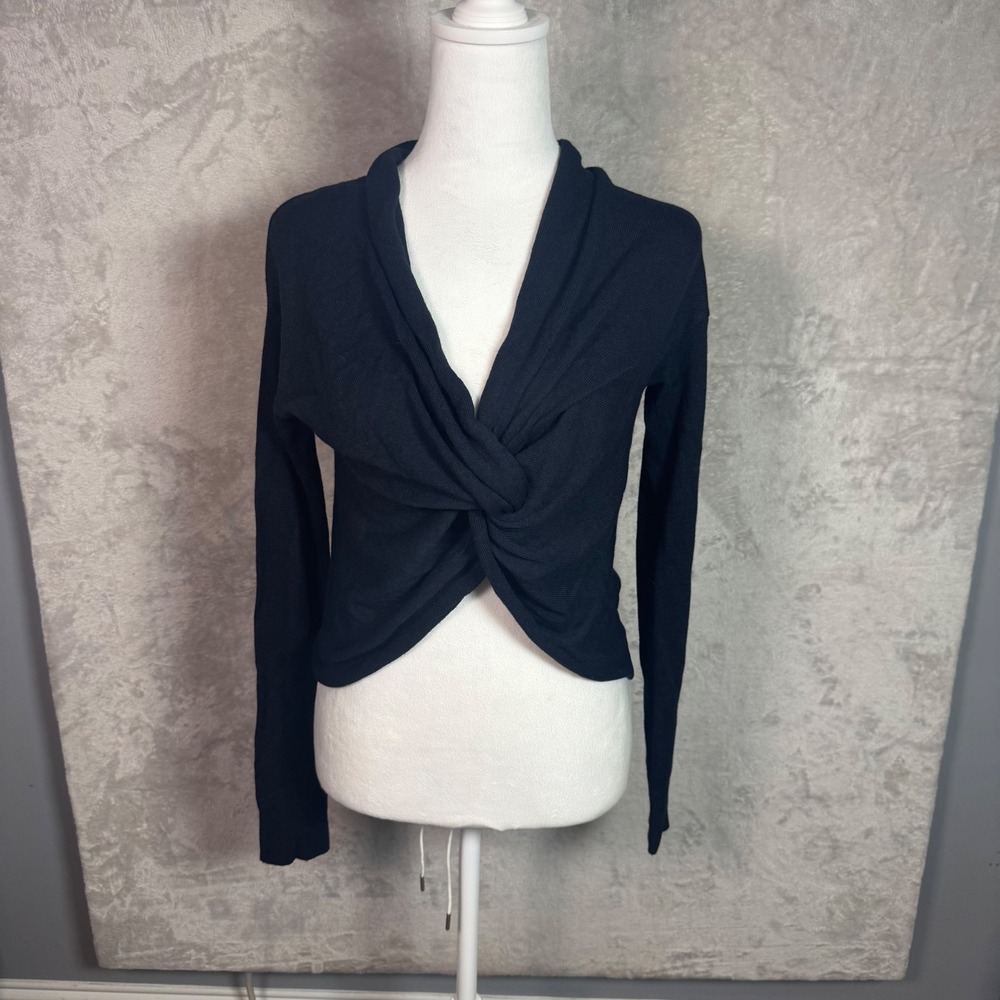 ROI Navy Blue Front Twist Long Sleeve Knit Sweater Thumbholes XS Viscose Wool